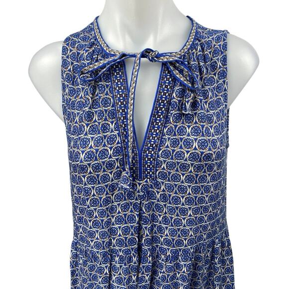 Max Studio Blue Geometric Print Sleeveless Tie V-neck Tiered Midi A-Line Dress S - Picture 3 of 5